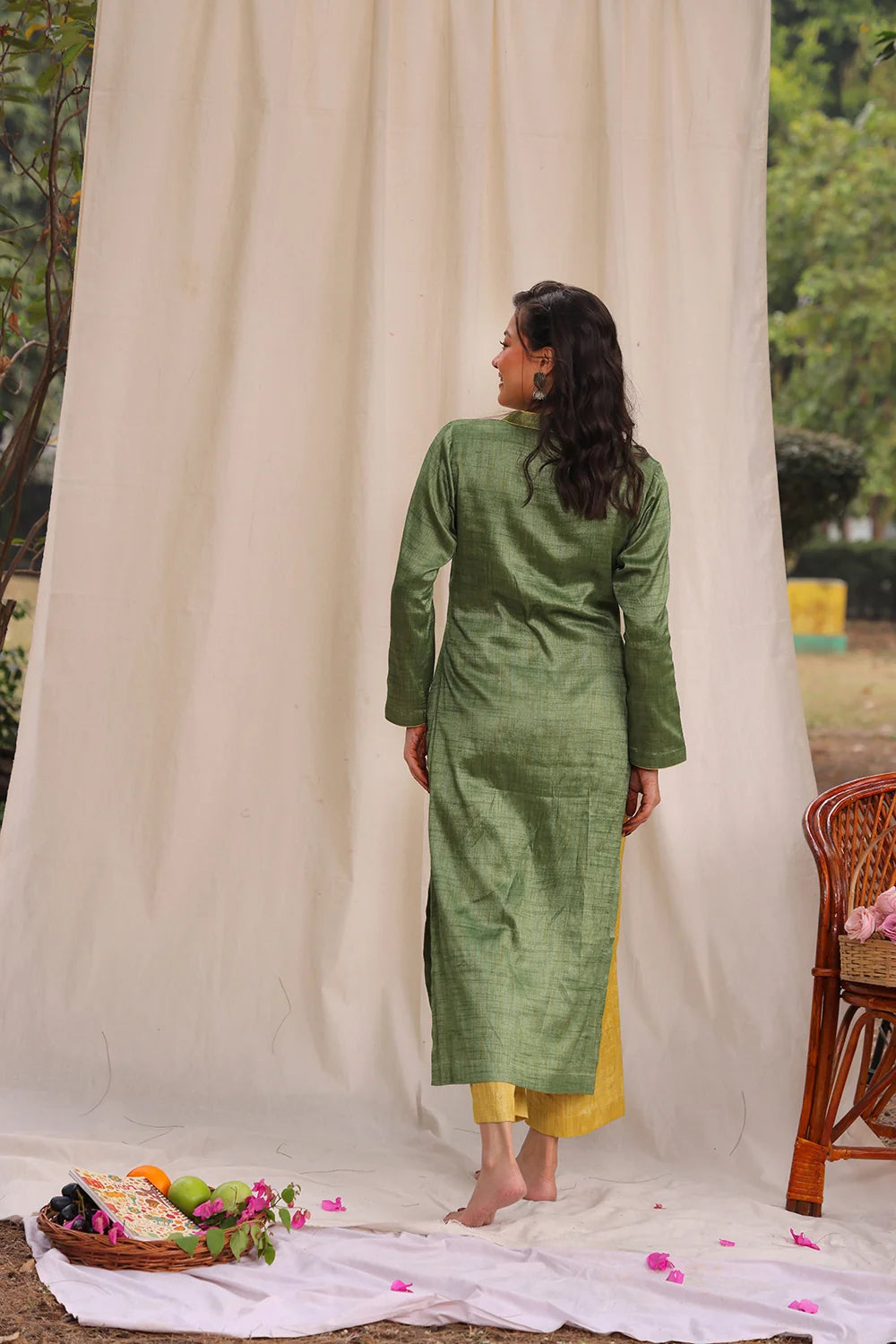 Back View of Green and Yellow Khadi Cotton Co-ord Set