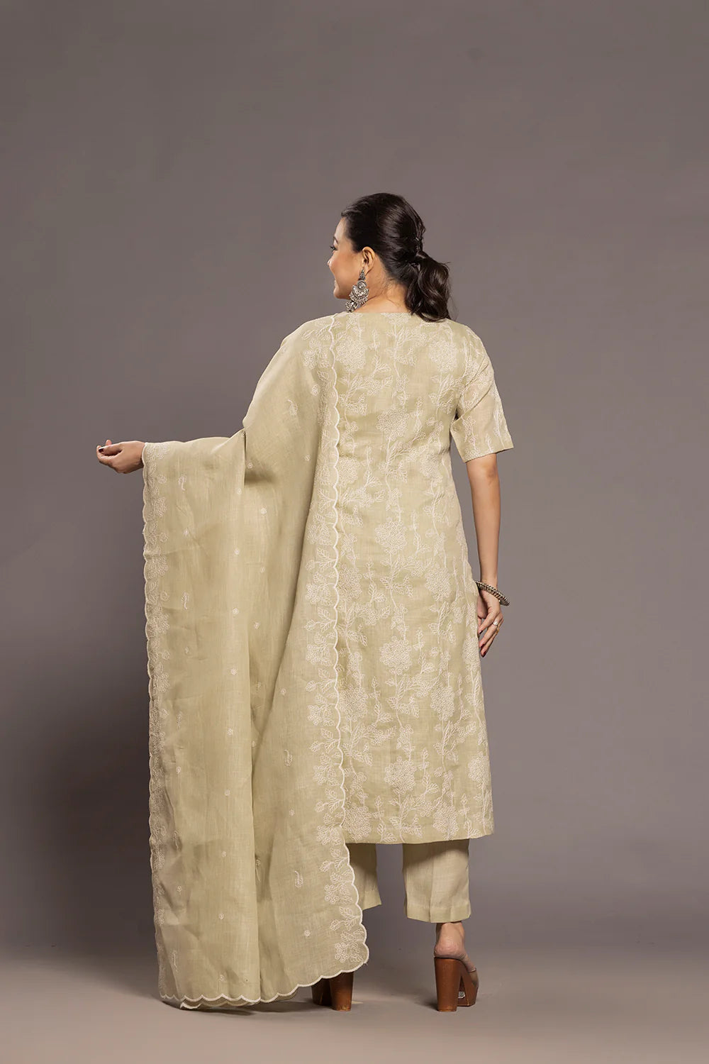 Back View of Green Essence Linen Embroidered Kurta Set with Dupatta