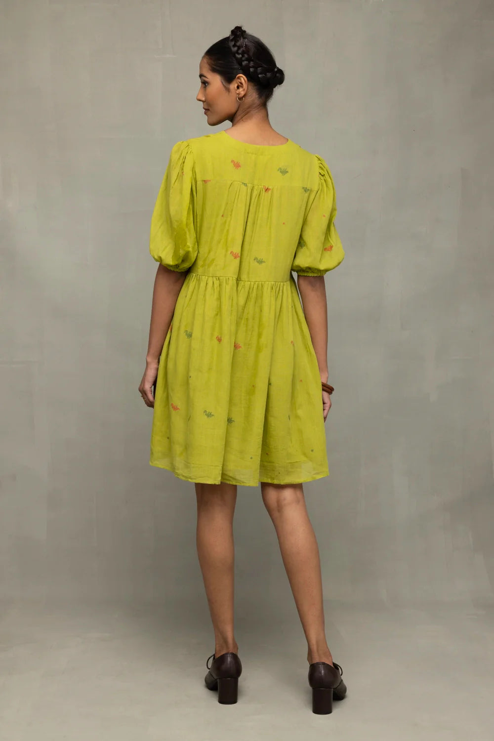 Back View of Green Pakhi Pure Cotton Jamdani Dress
