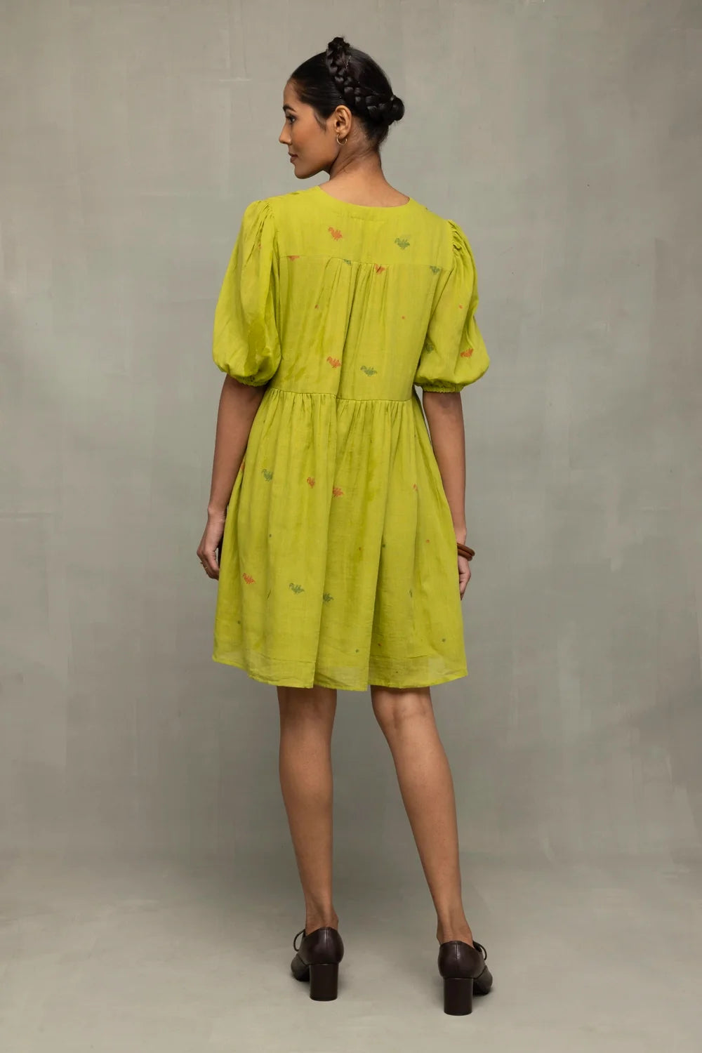 Back View of Green Pakhi Pure Cotton Jamdani Dress