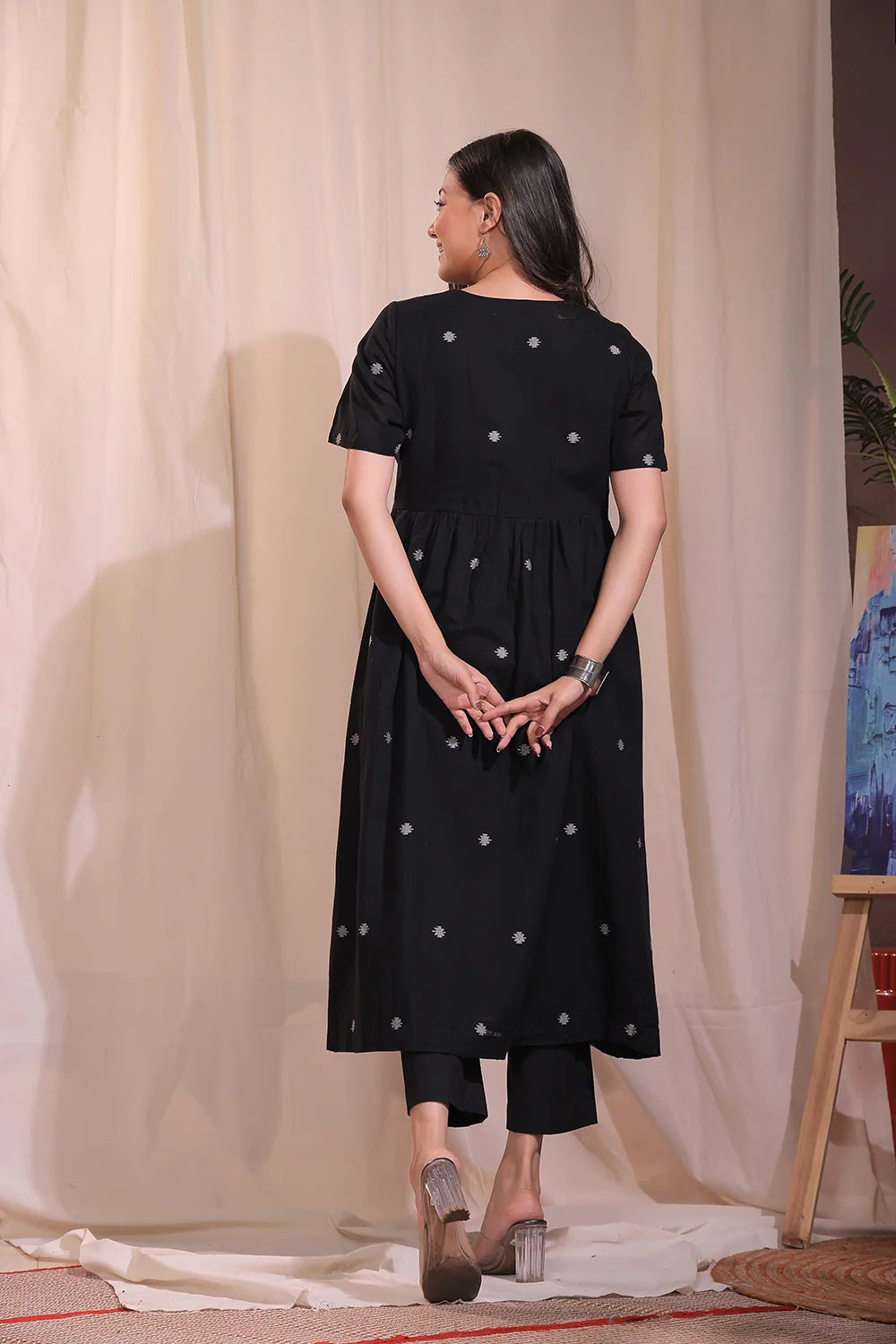 Back View of Handloom Black Pure Cotton Jamdani Flared Kurta Set