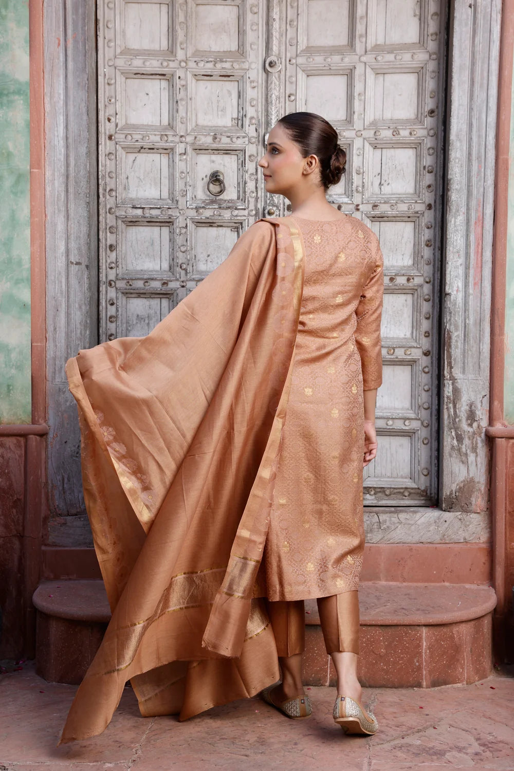 Back View of Handloom Gold Tanchoi Banarasi Kurta Set with Dupatta