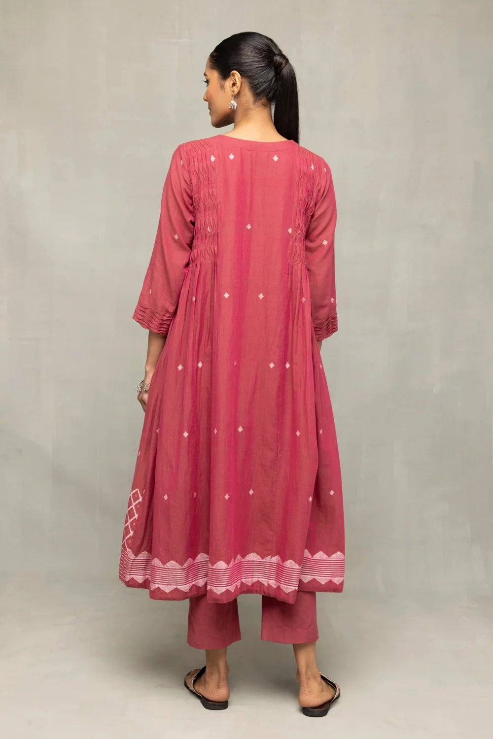 Dusty Rose Pink Cross Motifs Jamdani Kurta Set With Dupatta