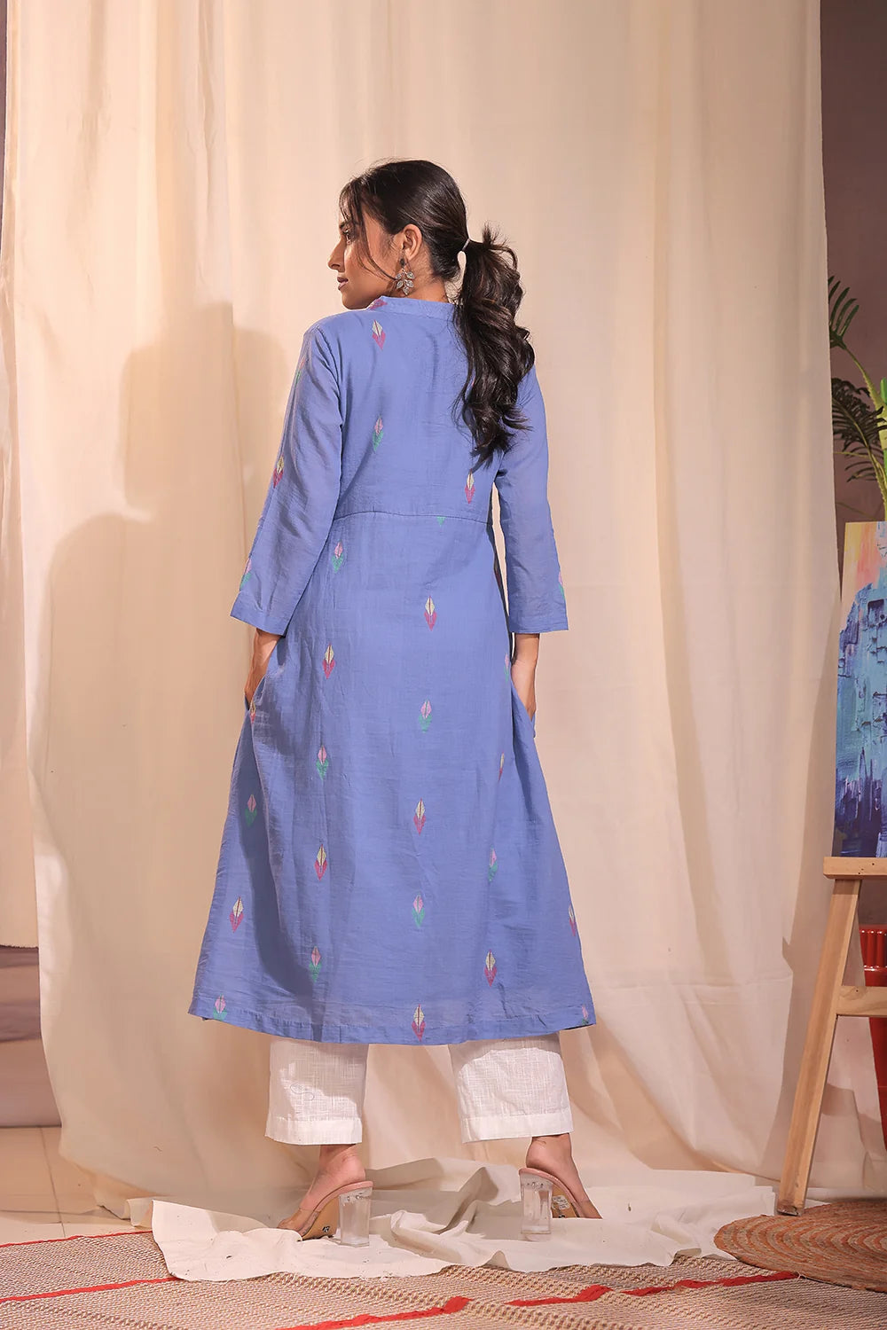 Back View of Handloom Sky Blue Pure Cotton Jamdani Kurta Set