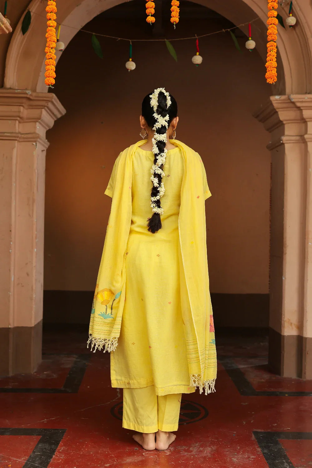 Back View of Handloom Yellow Pure Cotton Jamdani Kurta Set with Dupatta