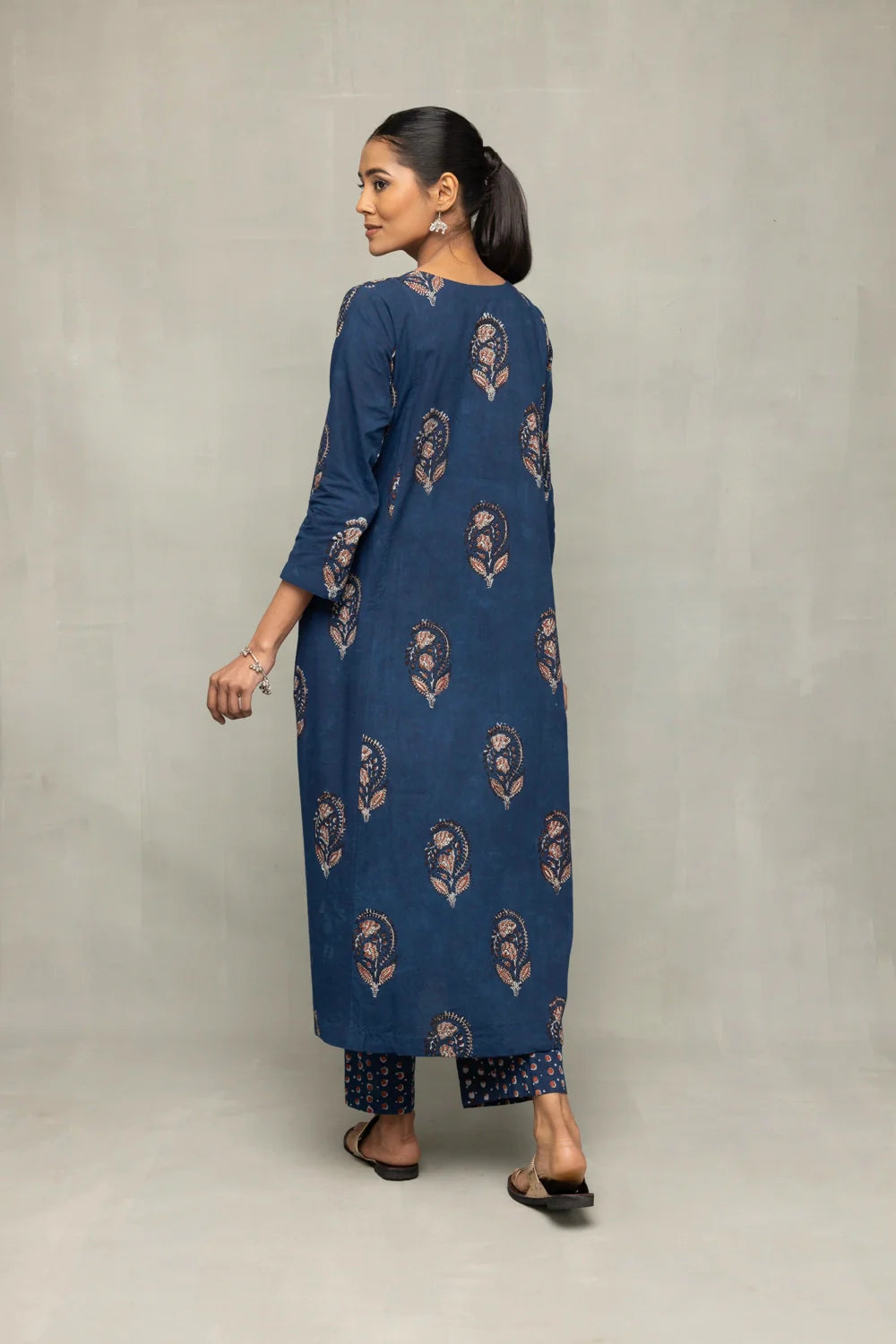 Back View of Indigo Hand Block Printed Kurta Set with Dupatta