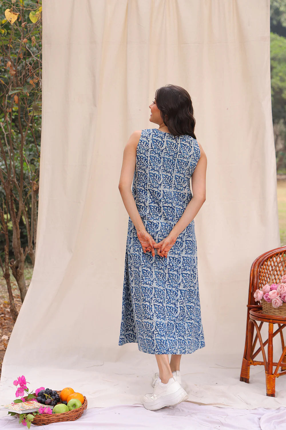 Back View of Indigo Leaf Block Print Cotton Dress