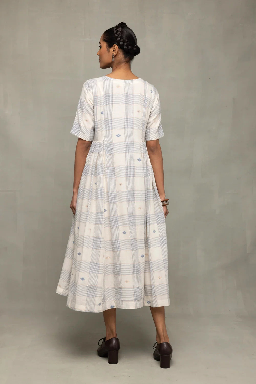 Back View of Ivory and Blue Checkered Jamdani Dress