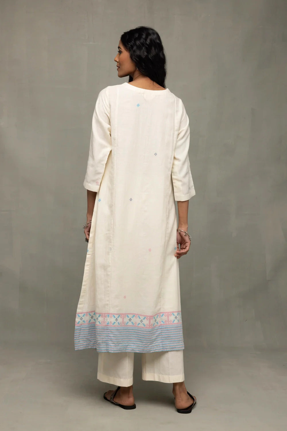 Back View of Ivory Jamdani Kurta Set with Stripes Dupatta