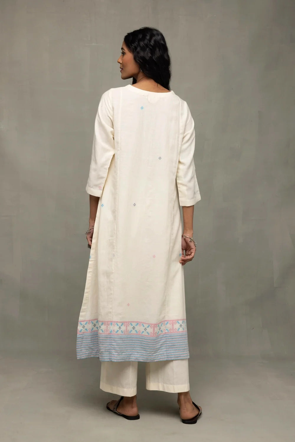 Back View of Ivory Jamdani Kurta Set with Stripes Dupatta