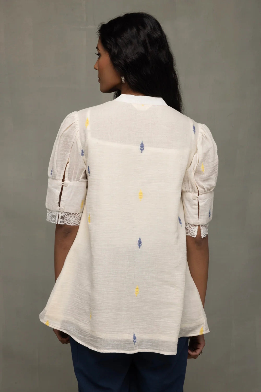 Back View of Ivory Pleated Jamdani Puff Sleeve Shirt Top