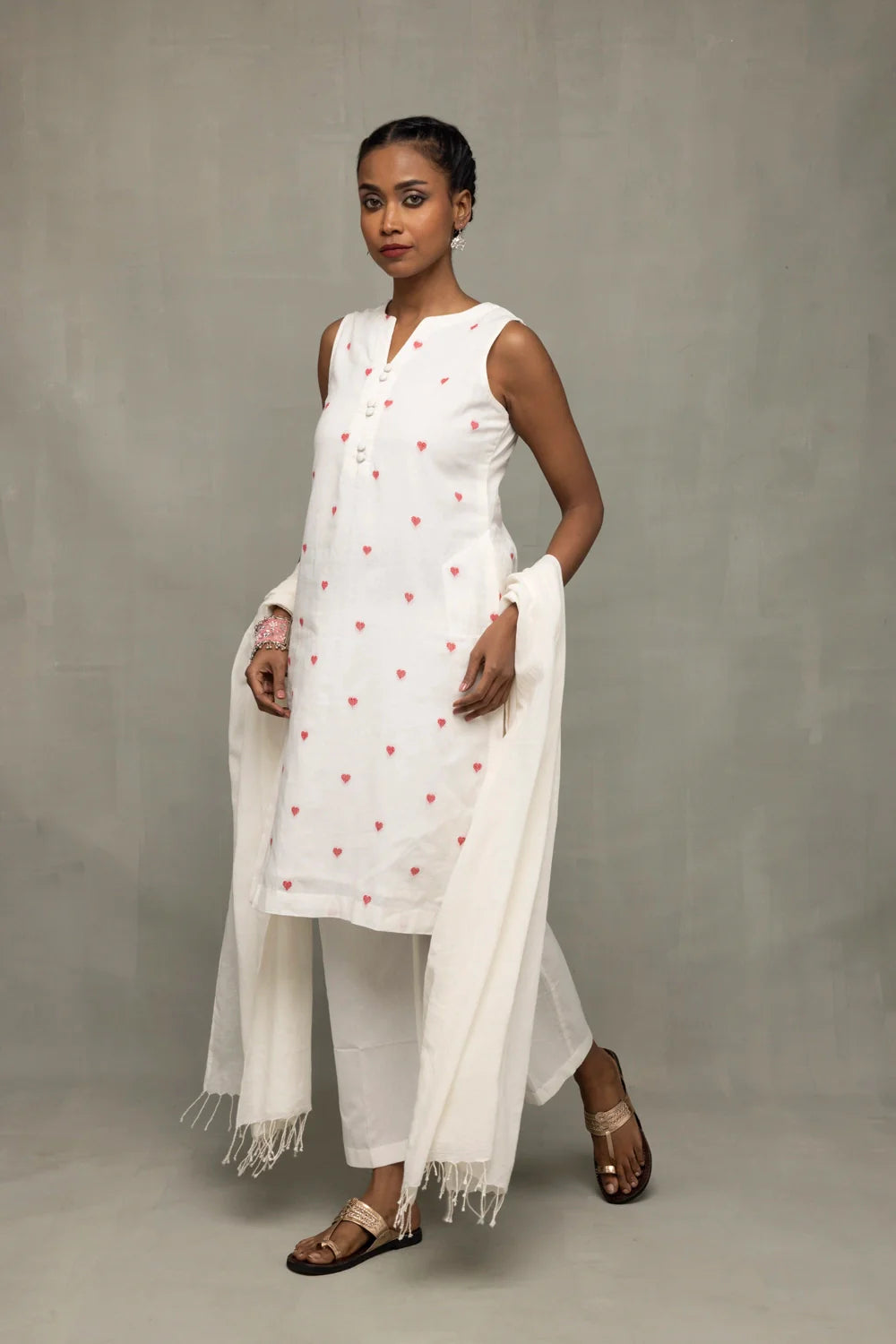 Back View of Ivory and Red Hearts South Cotton Co-ord Set