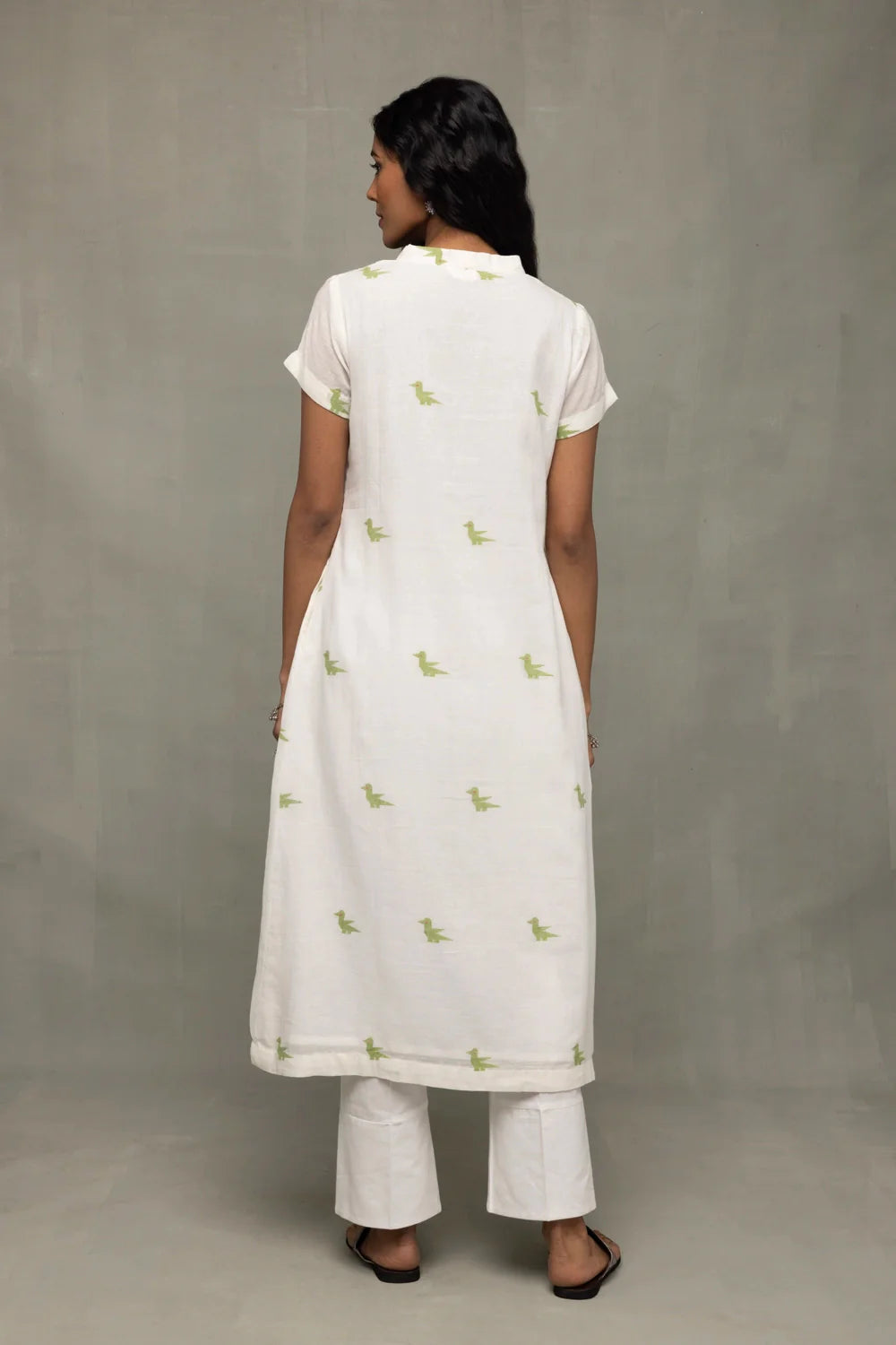 Back View of Ivory Sage Green Bird Motif Jamdani Kurta Set with Dupatta