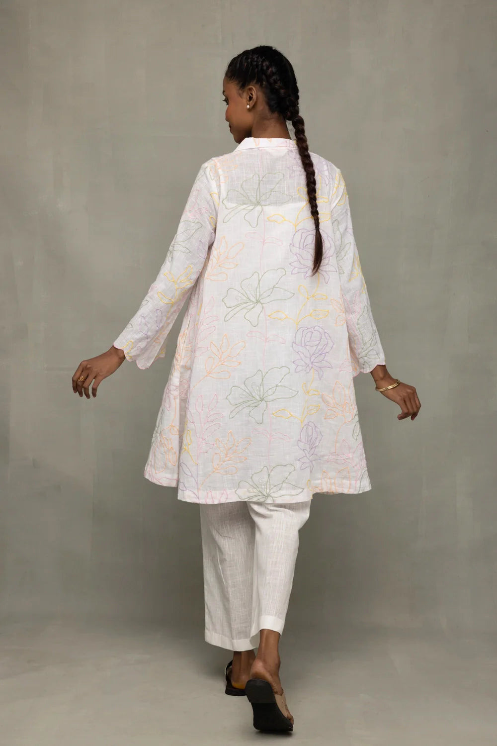 Back View of Ivory South Cotton Floral Embroidered Co-ord Set