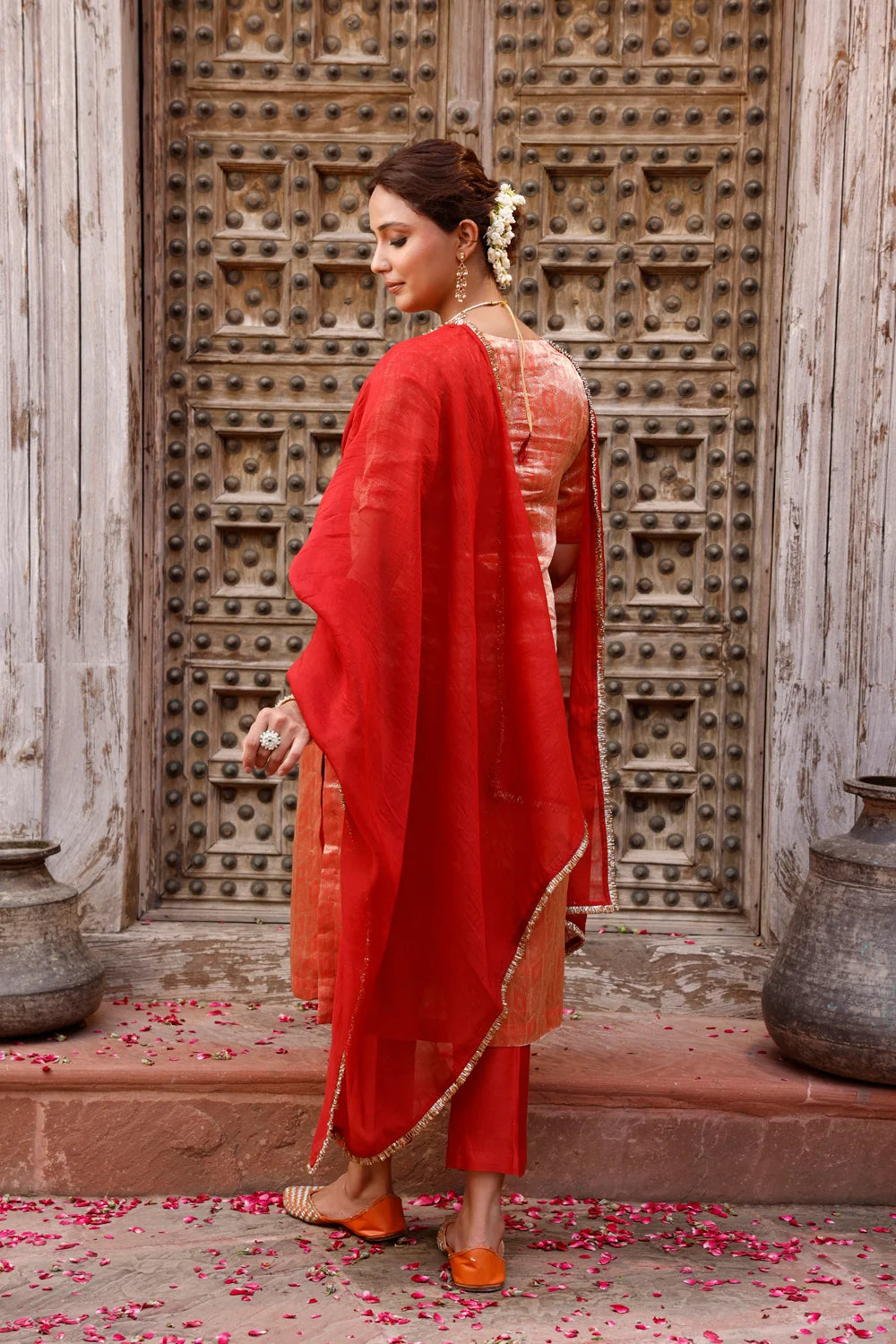 Back View of Metallic Orange Pure Silk Banarasi Kurta Set with Dupatta