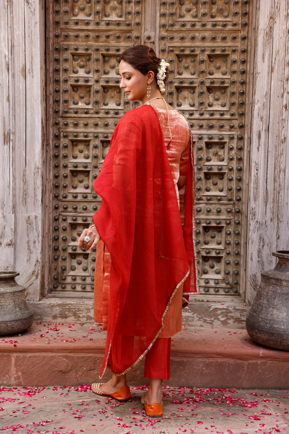 Back View of Metallic Orange Pure Silk Banarasi Kurta Set with Dupatta