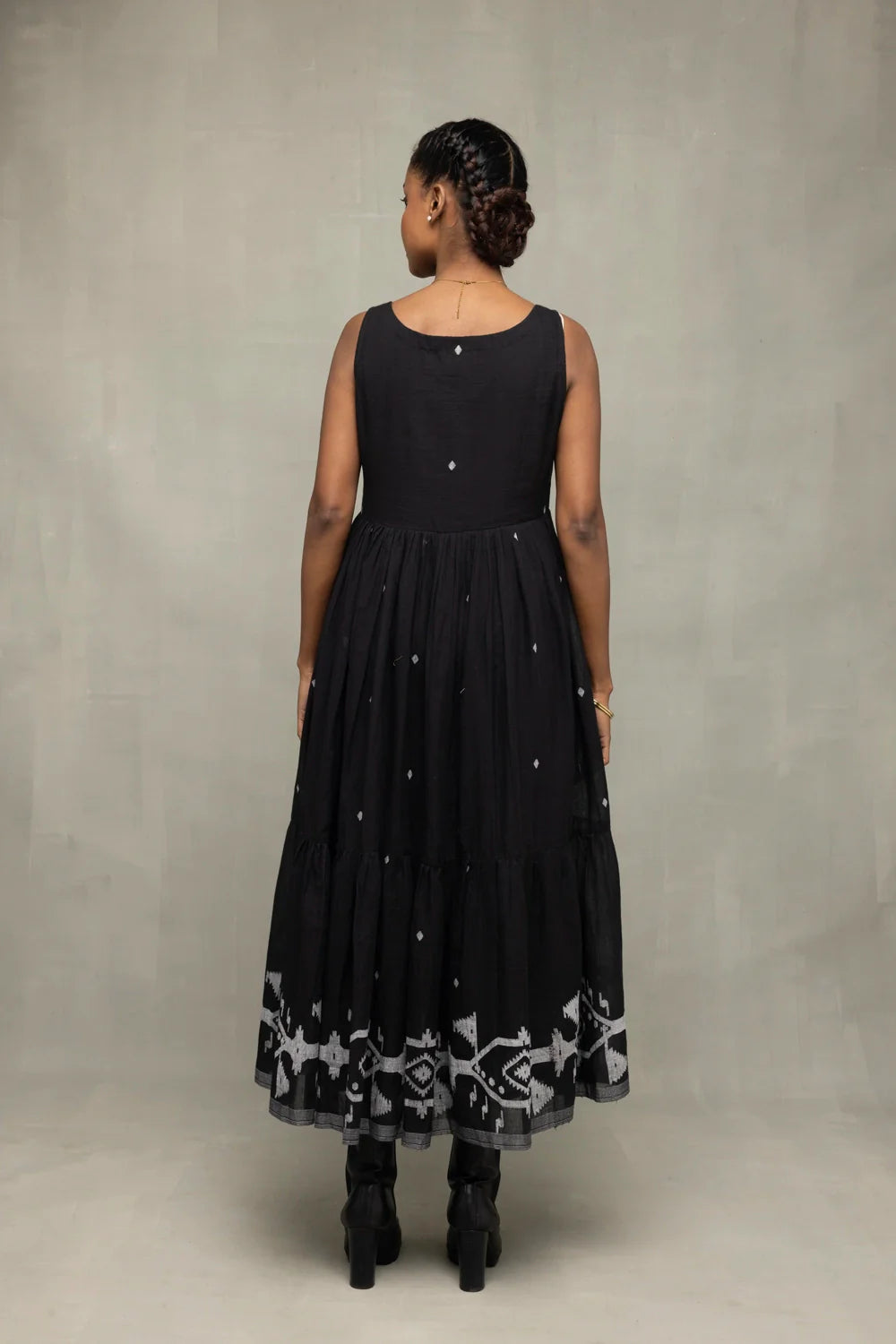 Back View of Midnight Black Handwoven Jamdani Tiered Midi Dress
