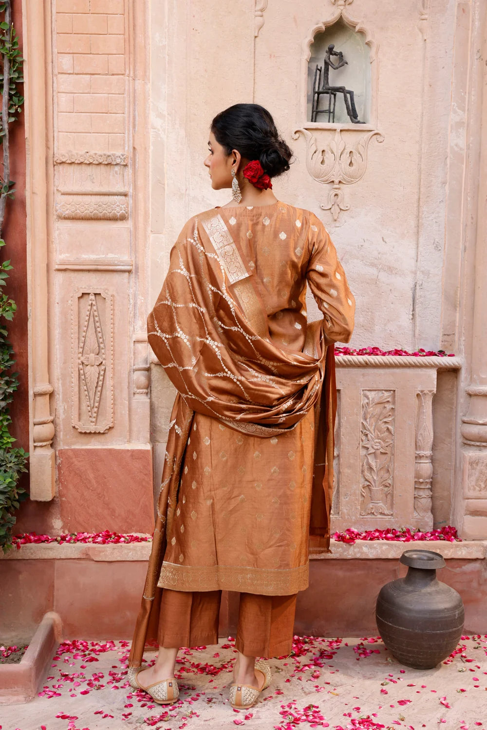 Back View of Mocha Brown Pure Silk Banarasi Kurta Set with Dupatta