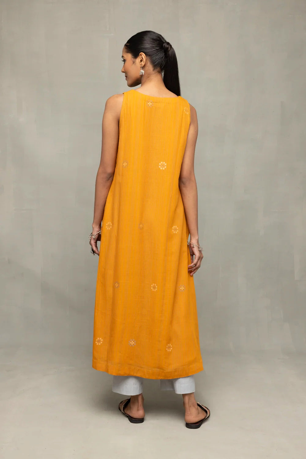 Back View of Mustard Moonlight Jamdani Kurta Set with Dupatta