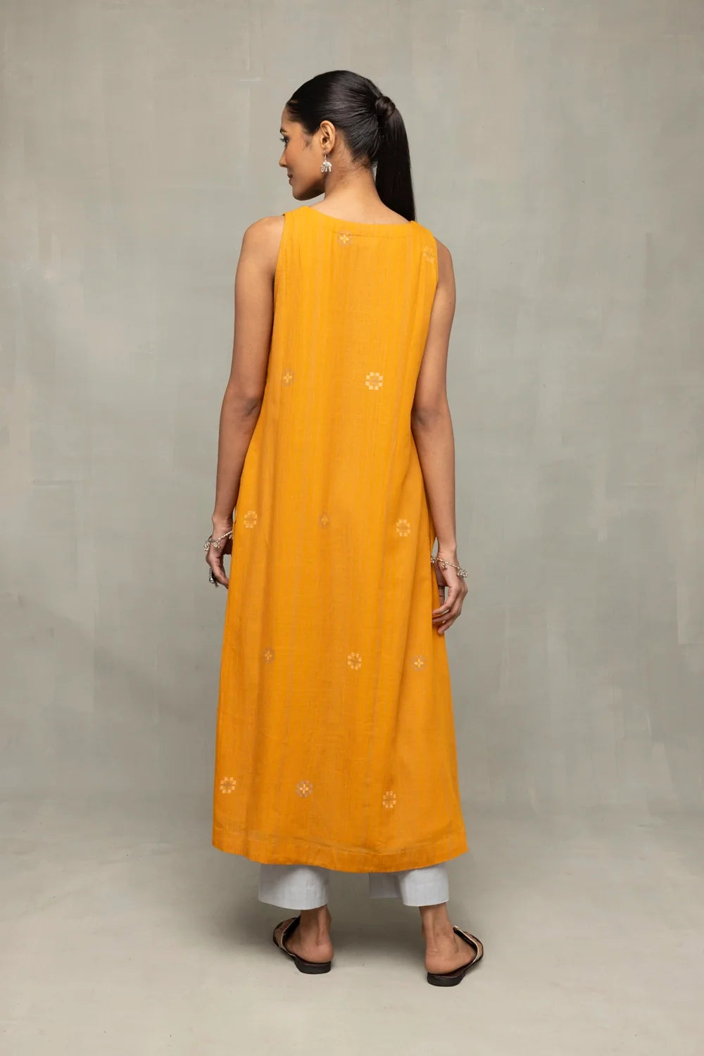 Back View of Mustard Moonlight Jamdani Kurta Set with Dupatta