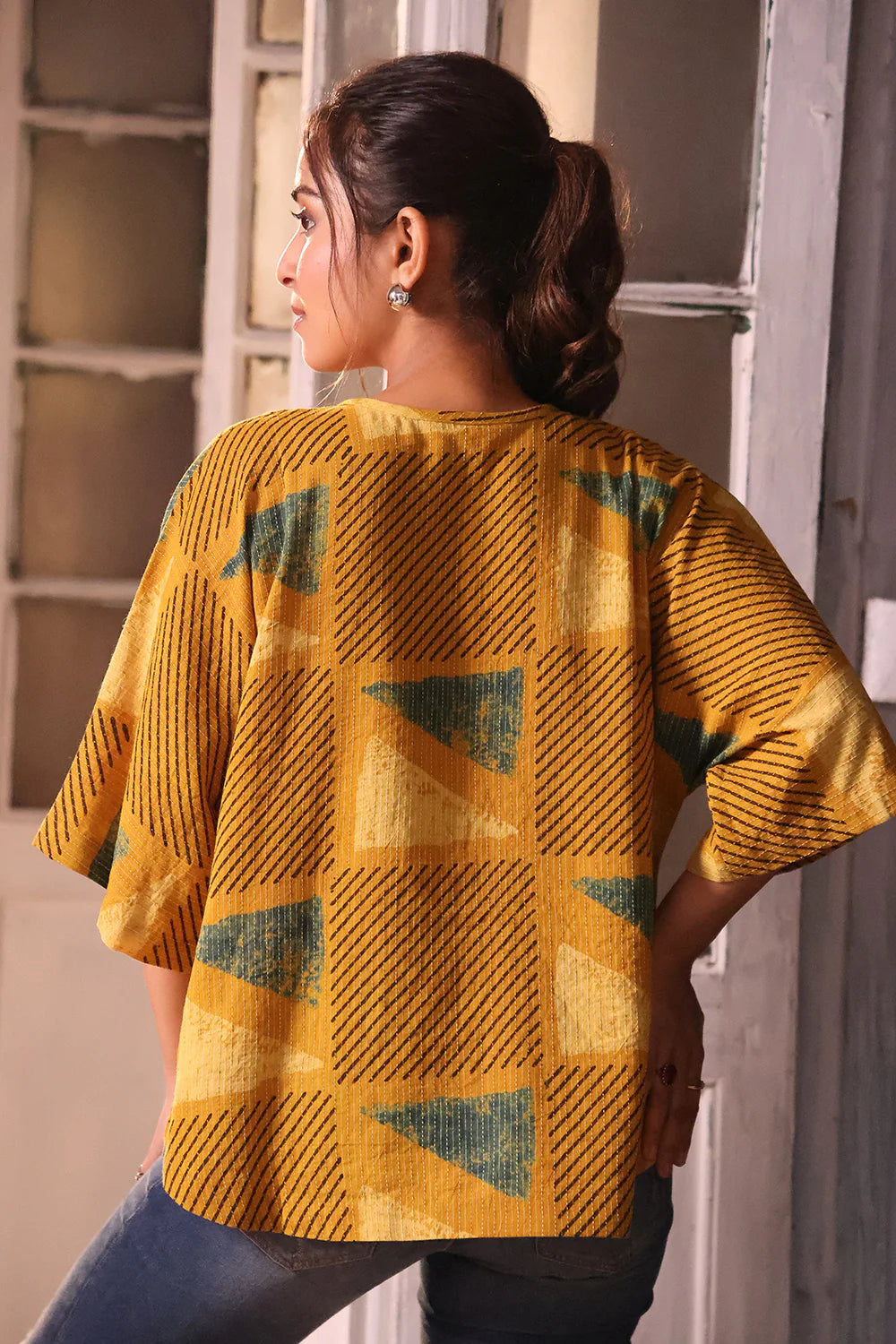 Back View of Mustard Yellow Cotton Ajrakh Shirt