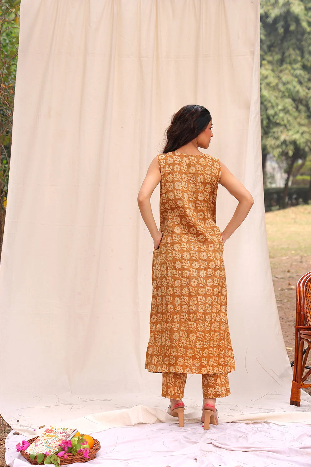 Back View of Mustard Yellow Hand Batik Khadi Cotton Co-ord Set