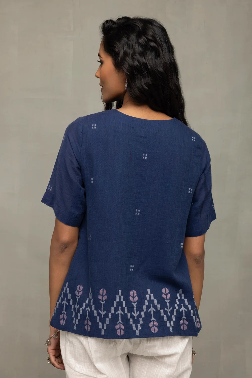 Back View of Ocean Blue Cotton Jamdani Top