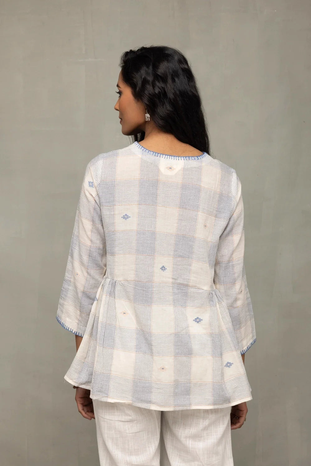 Back View of Off White Blue Check Jamdani Top with Zari Motifs
