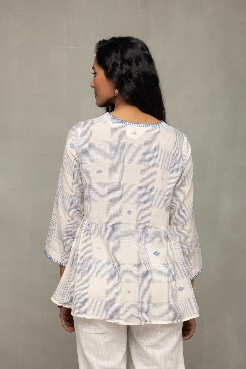 Off-White & Blue Check Jamdani Top with Zari Motifs-Sutra Art of Clothing