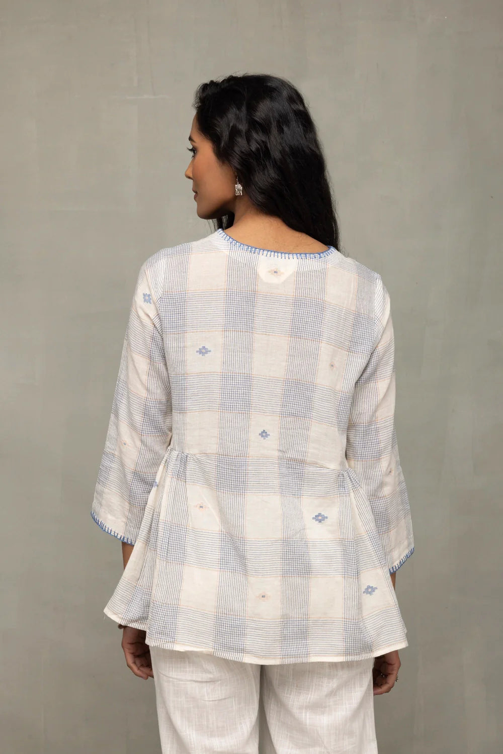 Back View of Off White Blue Check Jamdani Top with Zari Motifs