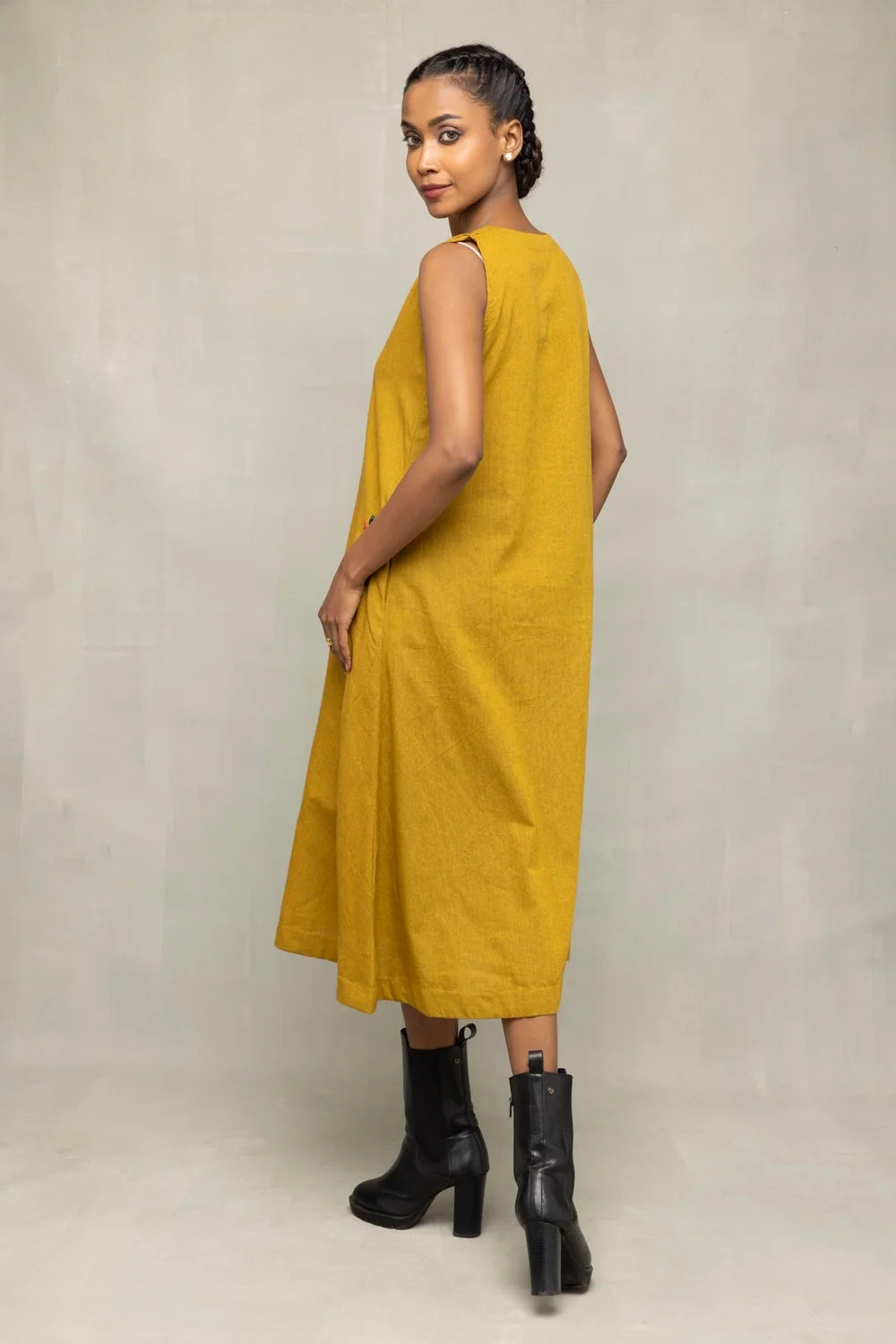 Olive Green Cotton Embriodered Dress-Sutra Art of Clothing
