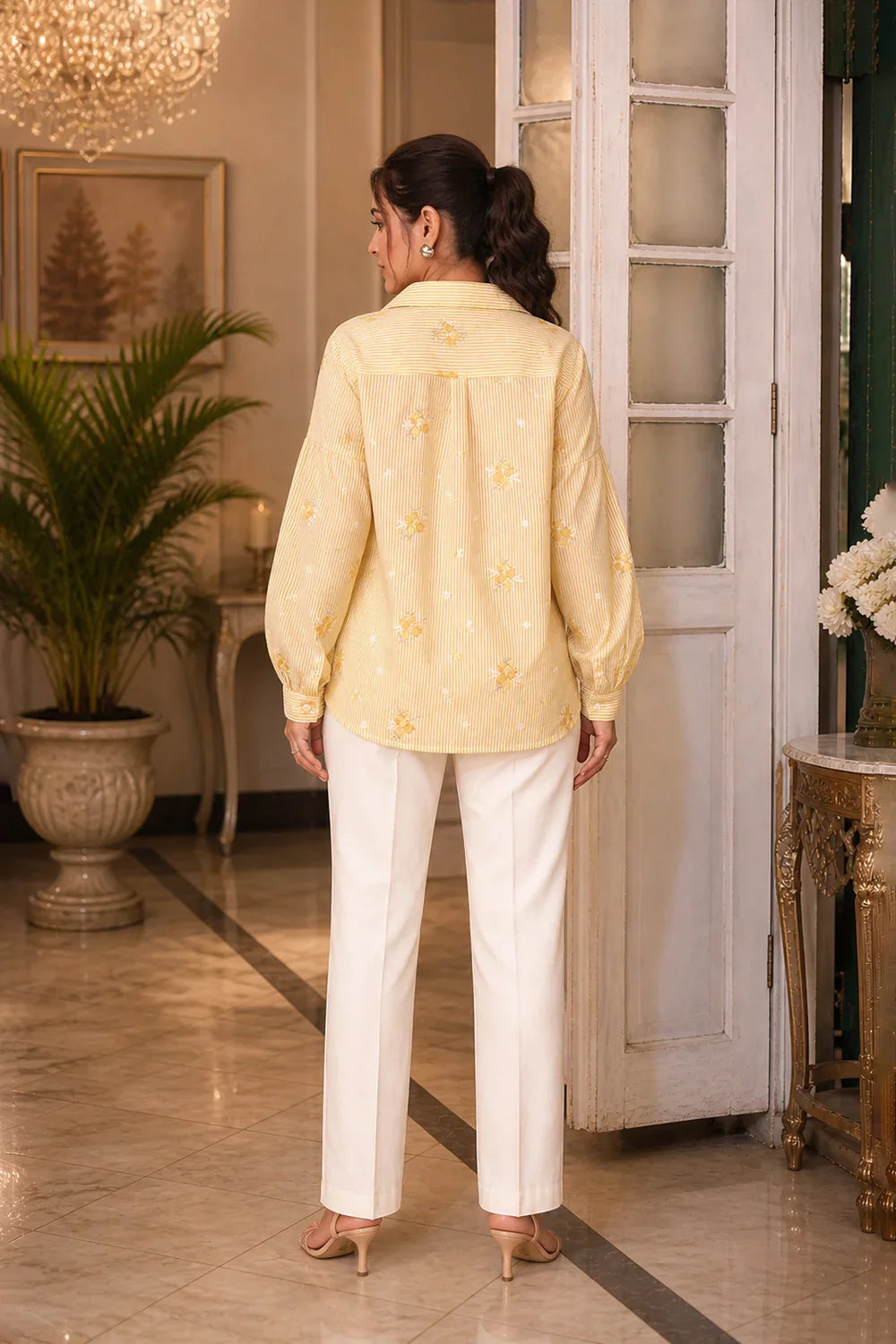 Back View of Pastel Yellow Pure Cotton Embroidered Shirt