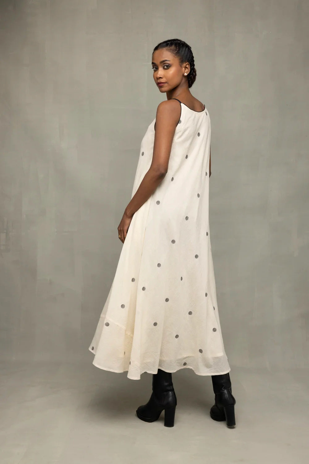 Back View of Pearl White Trapeze Jamdani Handwoven Dress