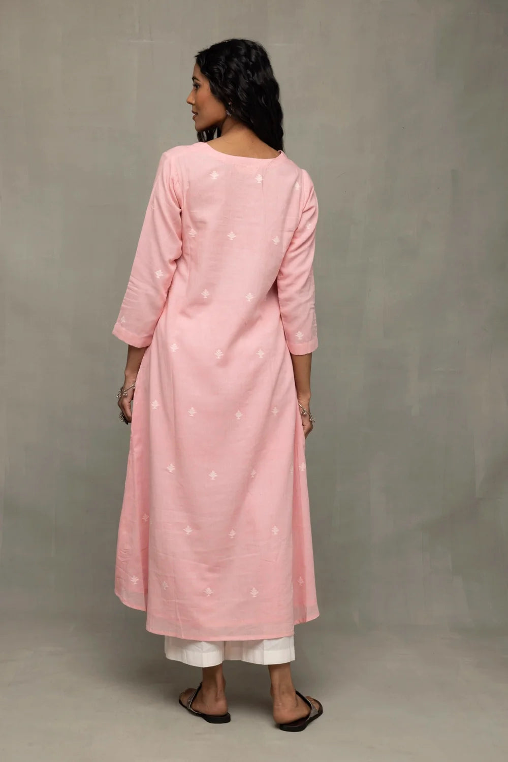 Back View of Petal Pink Handwoven Jamdani Kurta Set with Dupatta