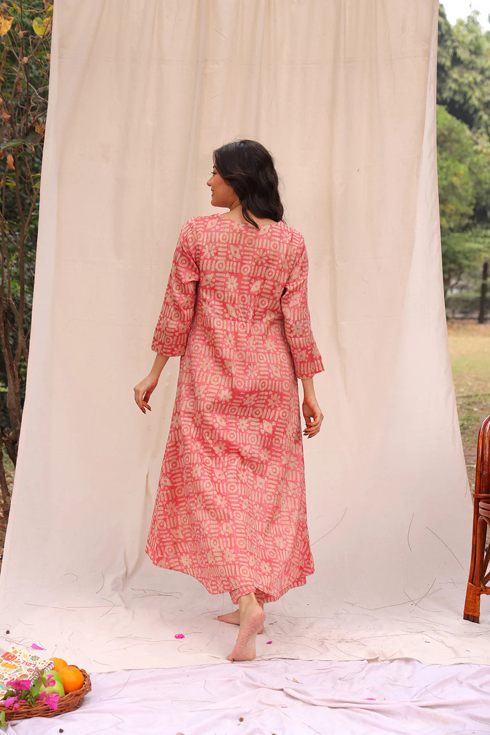Back View of Pink Hand Batik Khadi Cotton Co-ord Set