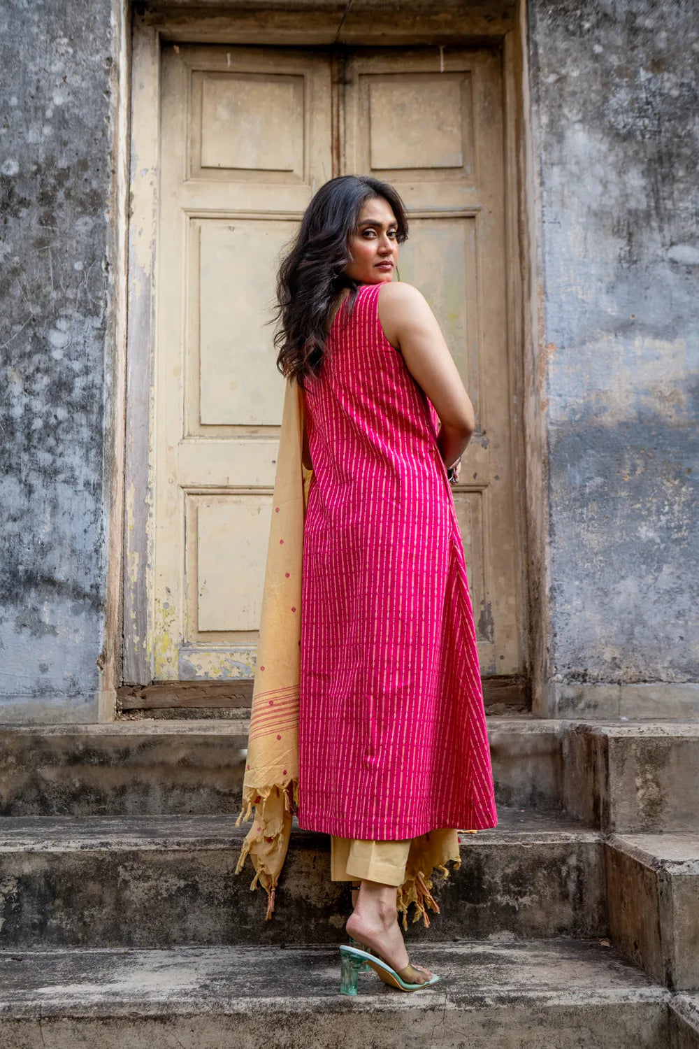 Back View of Pink Pure South Cotton Woven Kurta Set with Dupatta