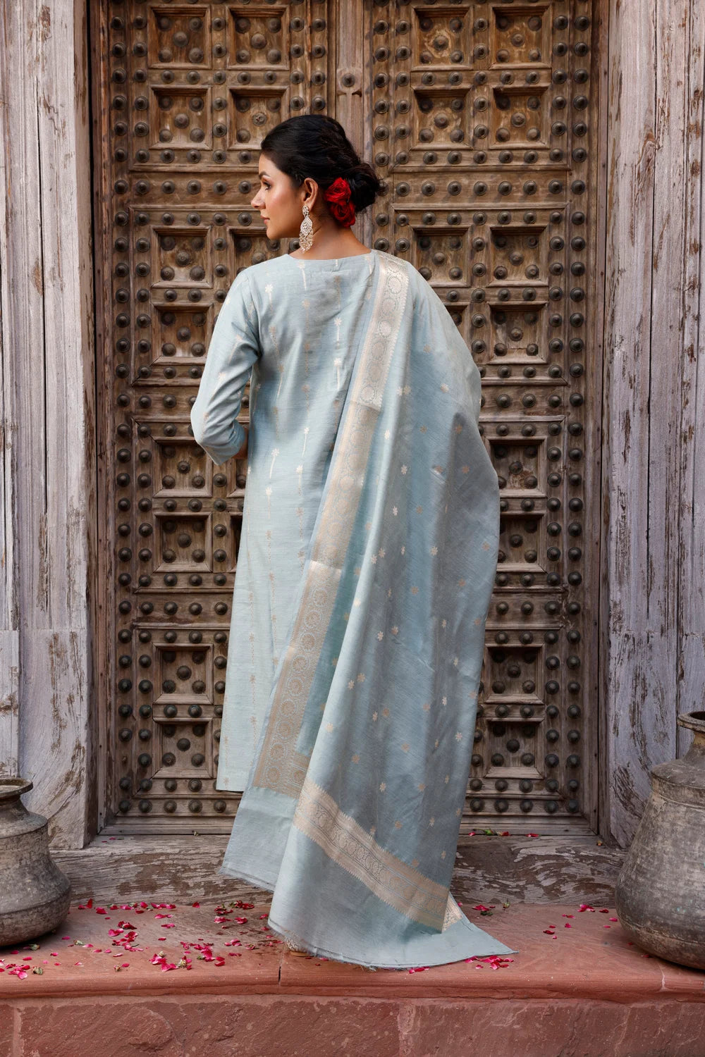 Back View of Powder Blue Pure Silk Banarasi Kurta Set with Dupatta