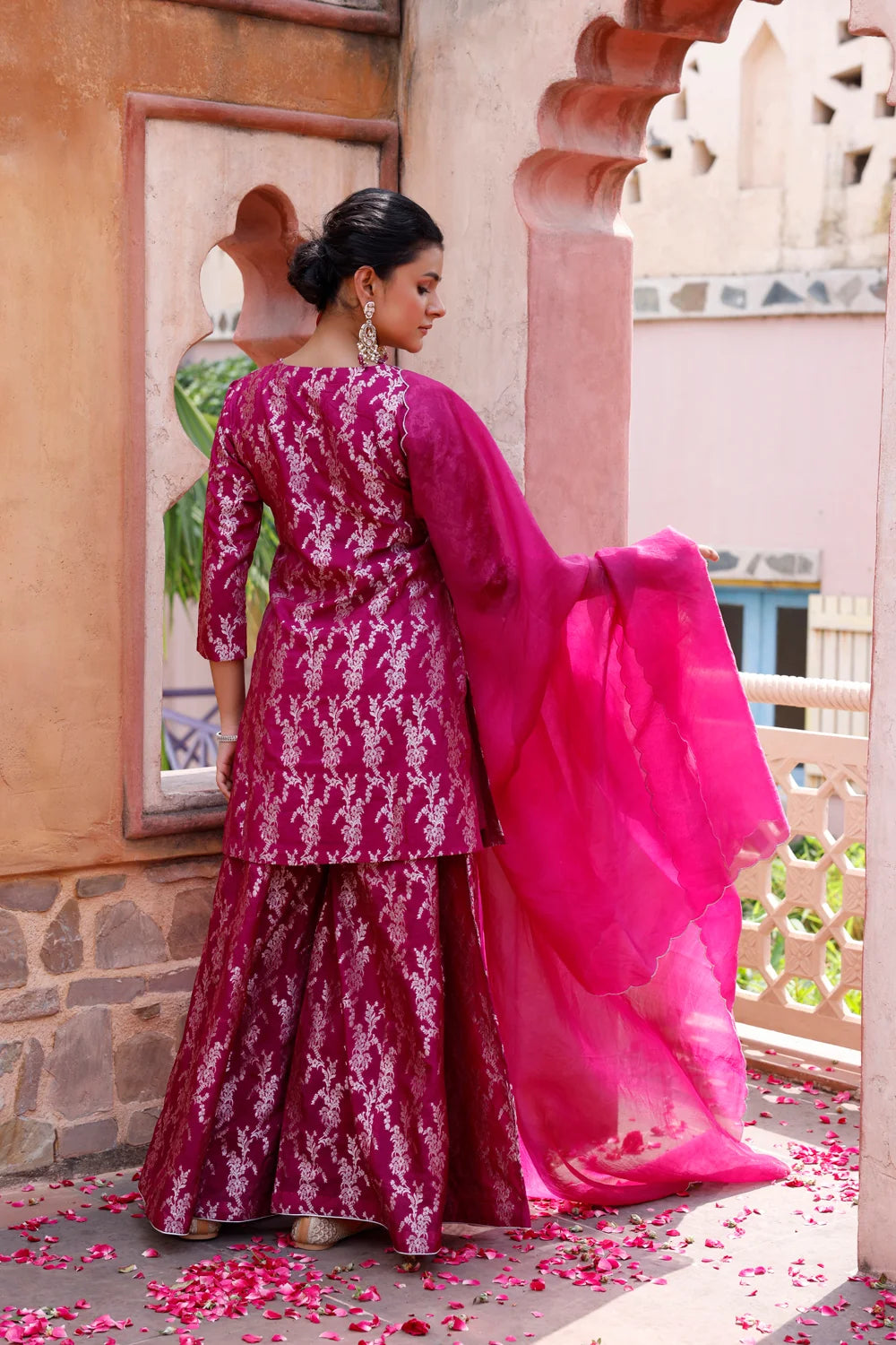 Back View of Purple Pure Silk Banarasi Sharara with Dupatta