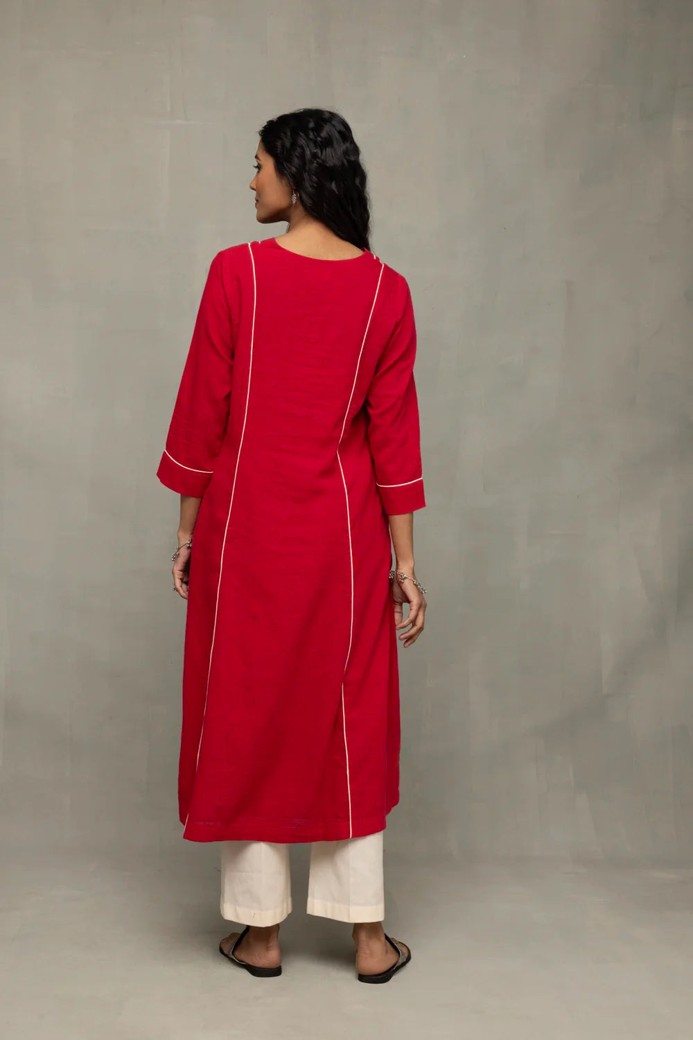 Back View of Red and White Jamdani Pujo Kurta Set with Dupatta
