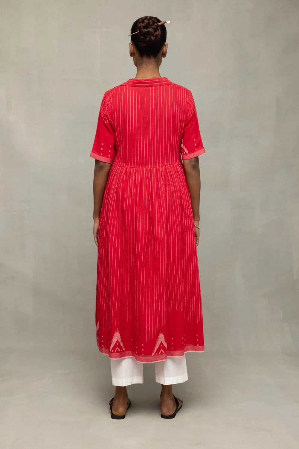Back View of Red and White Temple Jamdani Pujo Kurta Set