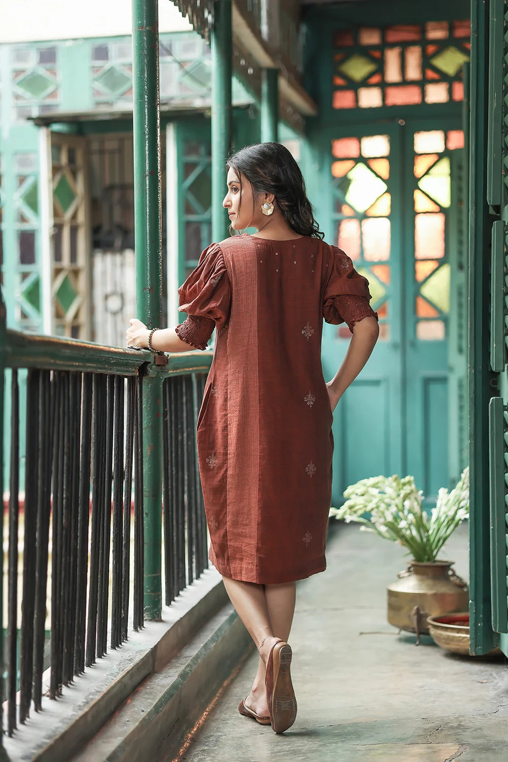 Back View of Rust Radiance Jamdani Dress