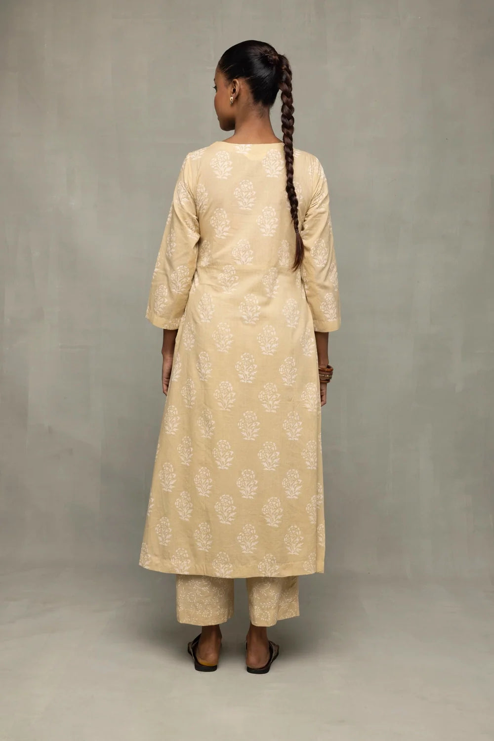 Sahara Gold Hand-Block Printed Angrakha Kurta Set with Dupatta