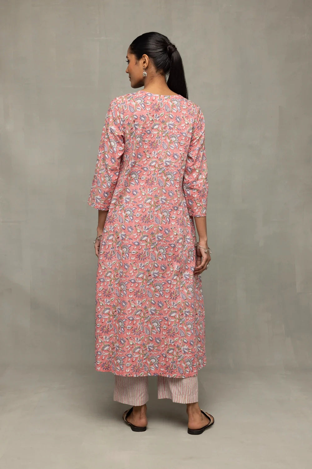 Back View of Salmon and Frost Block Printed Kurta Set with Dupatta