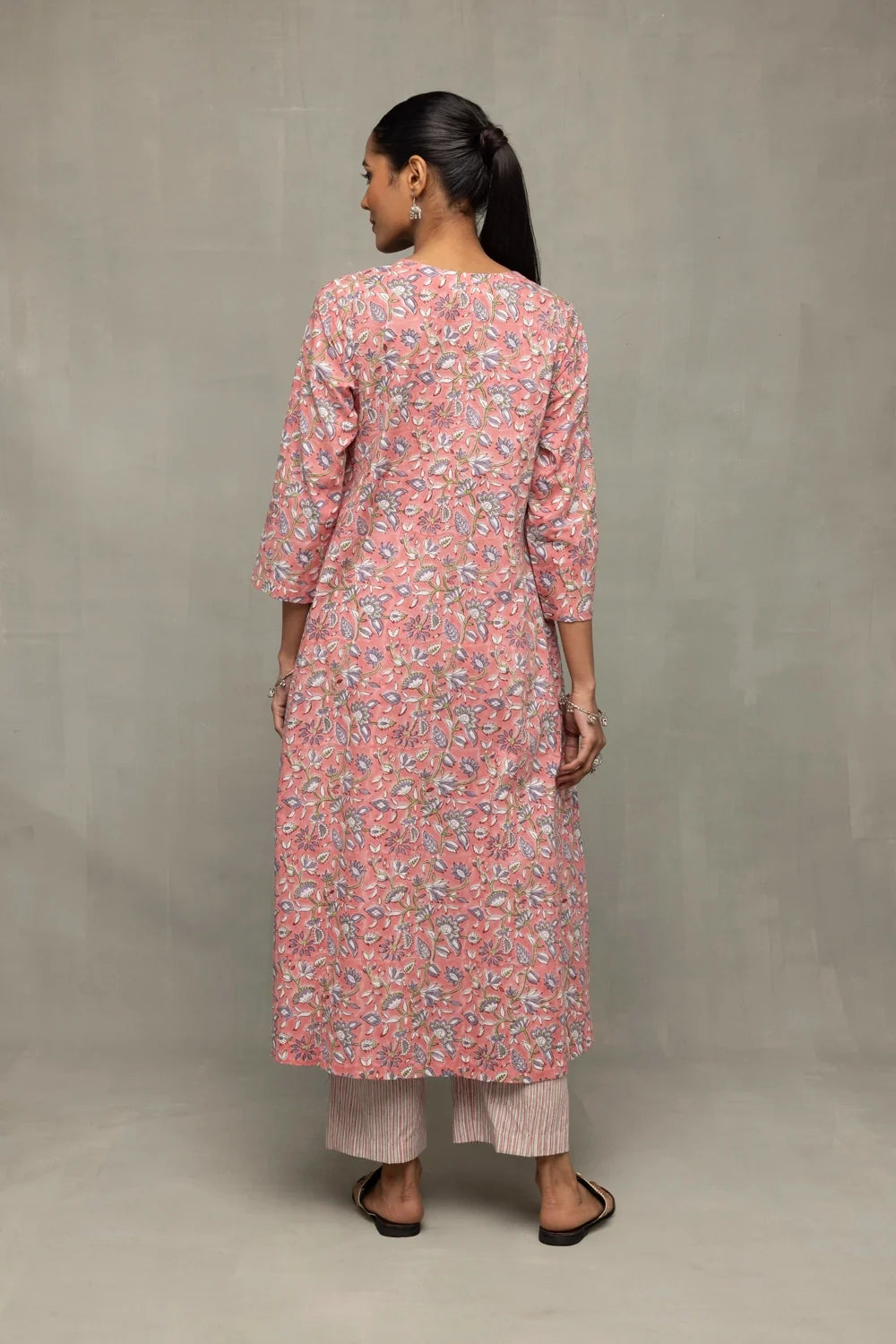 Back View of Salmon and Frost Block Printed Kurta Set with Dupatta