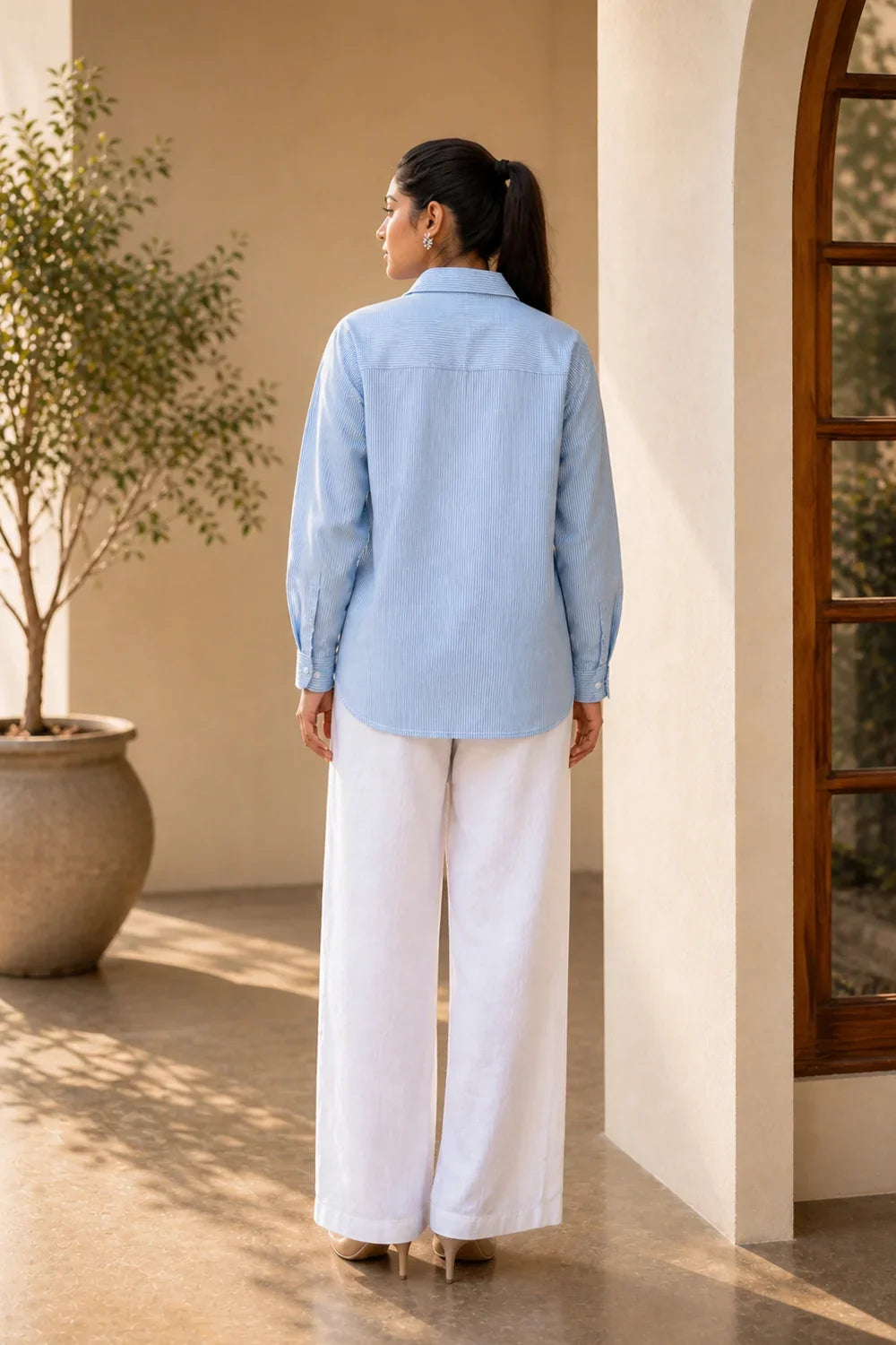 Back View of Sky Blue and White Stripes Pure Cotton Shirt