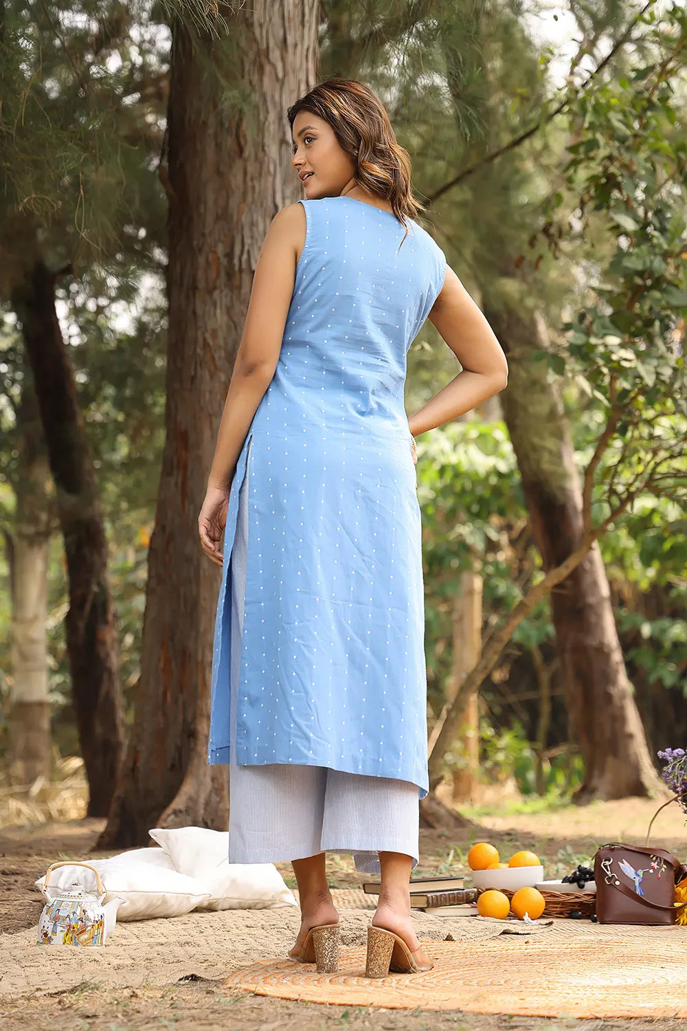 Back View of Sky Blue Pure Cotton White Polka Dots Kurta Set