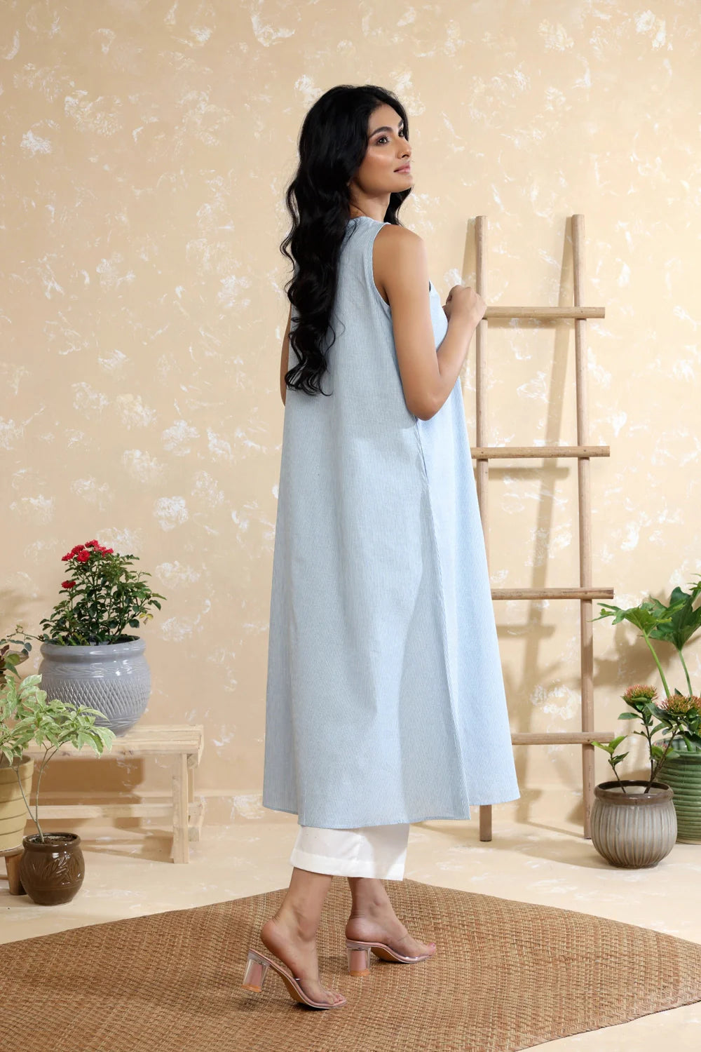 Back View of Sky Blue Stripes Pure Cotton Kurta with White Malai Cotton Pant Set
