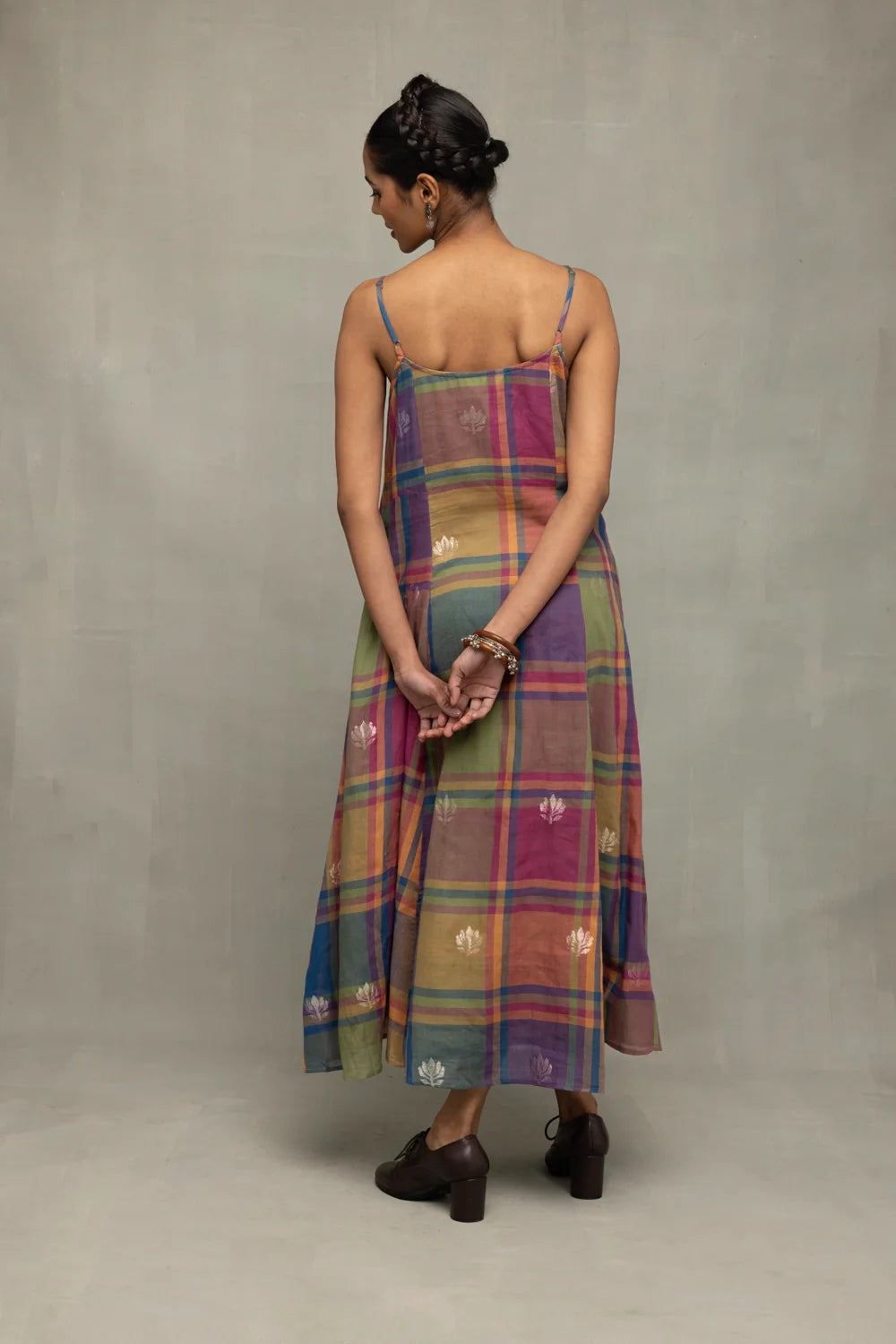 Back View of Sleeveless Jamdani Dress with A Line Fit