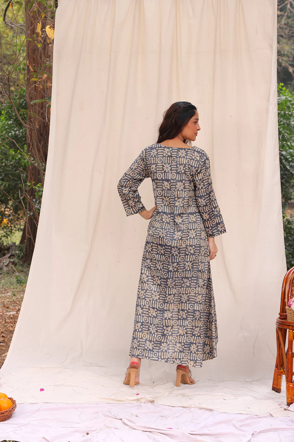 Back View of Stone Blue Hand Batik Khadi Cotton Co-ord Set