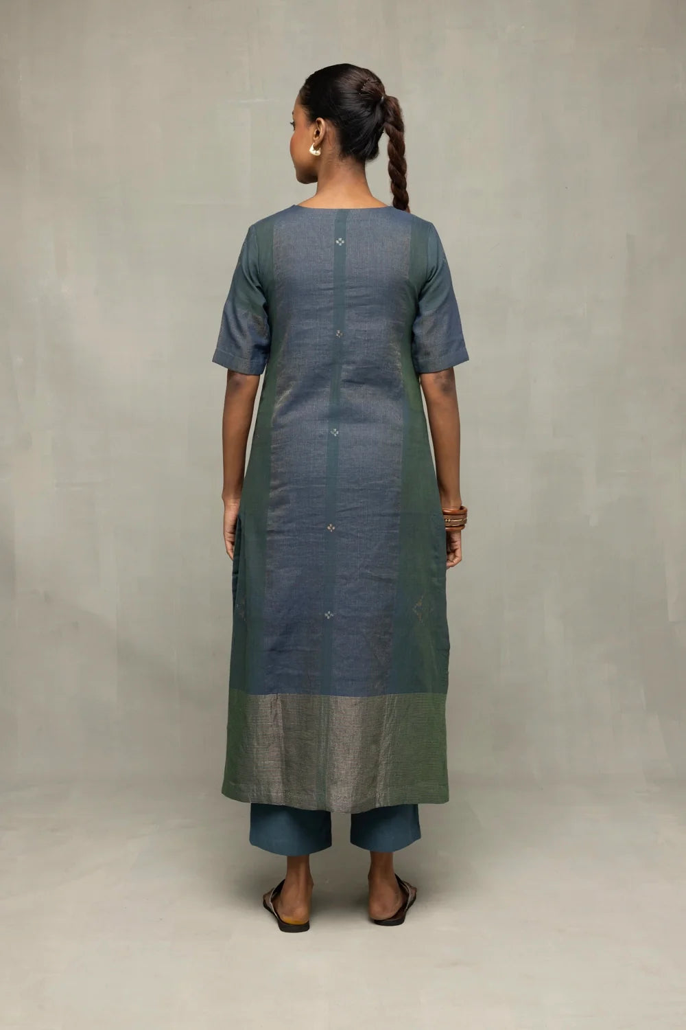 Back View of Teal Jamdani Kurta Set with Silver Zari Border and Dupatta